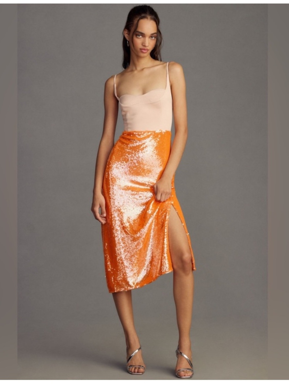 Anthropologie Two-Tone Sequin Midi Dress in Peach & Coral